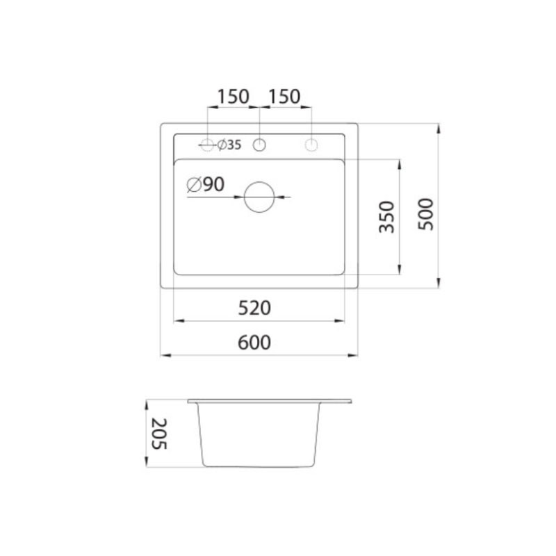 Metalac granitni usadni sudoper xQuadro 60 grafit 600x500 Ø90