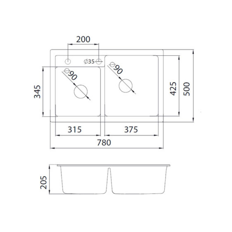 Metalac granitni usadni sudoper xQuadro Plus 2D crna 780x500 Ø90