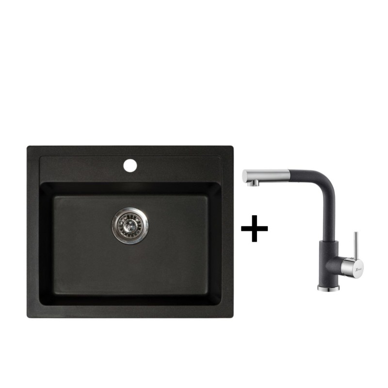 Metalac set granitni usadni sudoper xQuadro 60 crna 600x500 Ø90 + xGranit slavina Lux S za sudoper crna
