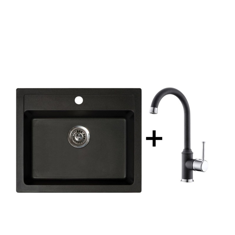 Metalac set granitni usadni sudoper xQuadro 60 crna 600x500 Ø90 + xGranit slavina Arc N za sudoper crna